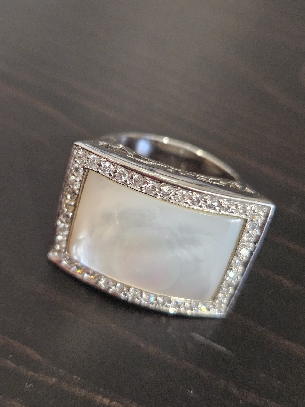 Silver Ring with Mother of Pearl and Crystal Halo - White
